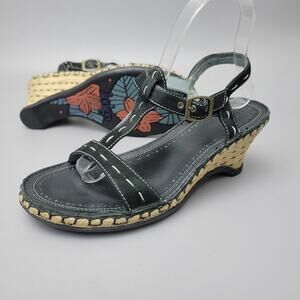 Indigo by Clarks Black Leather Strappy Ankle T-Strap Wedge Sandals Women's 8M